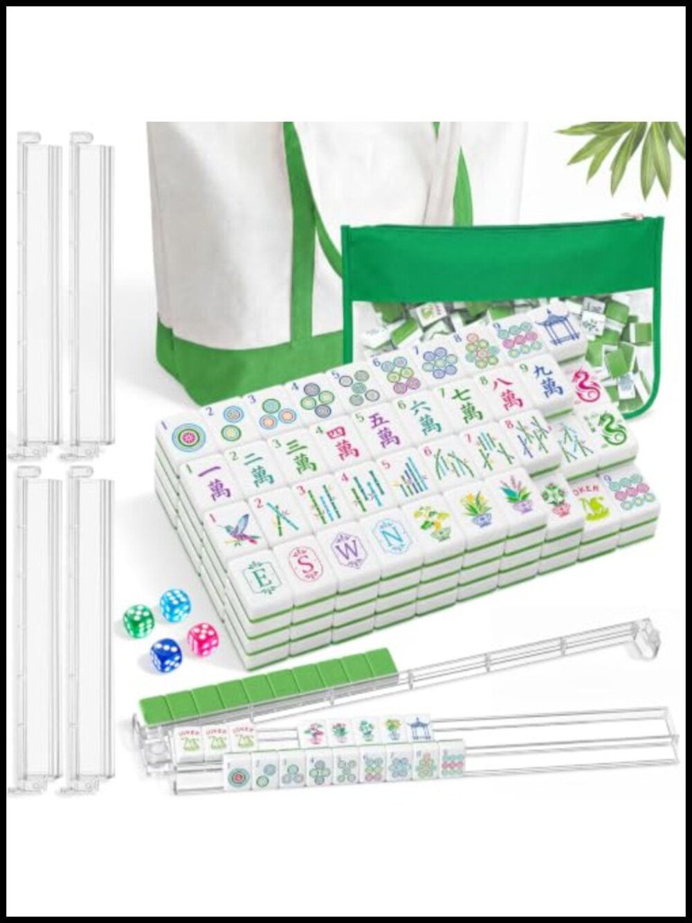 168-Tile Mahjong Set with Tote Bag & 4 Racks - Green Houseplant Design